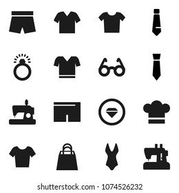 Flat vector icon set - cook hat vector, glasses, tie, shorts, swimsuite, t shirt, shopping bag, diamond ring, clothes, sewing machine