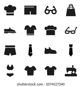 Flat vector icon set - cook hat vector, glasses, tie, snickers, shorts, swimsuite, t shirt, shopping bag, clothes, sewing machine