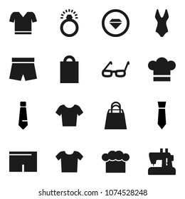 Flat vector icon set - cook hat vector, glasses, tie, shorts, swimsuite, t shirt, shopping bag, diamond ring, clothes, sewing machine