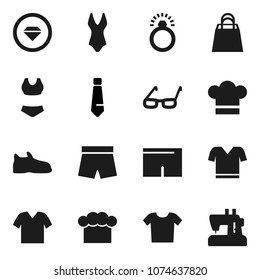 Flat vector icon set - cook hat vector, glasses, tie, snickers, shorts, swimsuite, t shirt, shopping bag, diamond ring, clothes, sewing machine