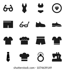 Flat vector icon set - cook hat vector, glasses, tie, snickers, shorts, swimsuite, t shirt, diamond ring, clothes, sewing machine