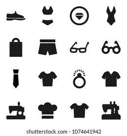 Flat vector icon set - cook hat vector, glasses, tie, snickers, shorts, swimsuite, t shirt, shopping bag, diamond ring, clothes, sewing machine