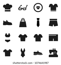 Flat vector icon set - cook hat vector, glasses, tie, snickers, shorts, swimsuite, t shirt, shopping bag, diamond ring, clothes, sewing machine