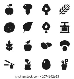 Flat vector icon set - cook press vector, egg, mushroom, potato, apple fruit, leaf, cereals, tree, flower in pot