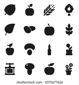 Flat vector icon set - cook press vector, mushroom, potato, oil, apple fruit, leaf, diet, cereals, tree, flower in pot