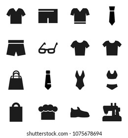 Flat vector icon set - cook hat vector, glasses, tie, snickers, shorts, swimsuite, t shirt, shopping bag, clothes, sewing machine