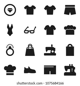 Flat vector icon set - cook hat vector, glasses, snickers, shorts, swimsuite, t shirt, shopping bag, diamond ring, clothes, sewing machine