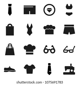 Flat vector icon set - cook hat vector, glasses, tie, snickers, shorts, swimsuite, t shirt, shopping bag, diamond ring, sewing machine
