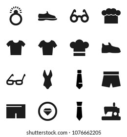 Flat vector icon set - cook hat vector, glasses, tie, snickers, shorts, swimsuite, t shirt, diamond ring, clothes, sewing machine