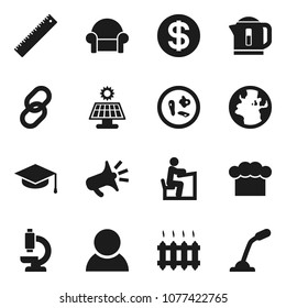 Flat vector icon set - cook hat vector, graduate, ruler, student, earth, link, microscope, microbs, solar panel, consumer, cushioned furniture, heating, dollar coin, loudspeaker, kettle, microphone