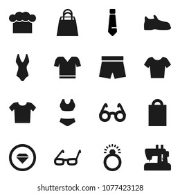 Flat vector icon set - cook hat vector, glasses, tie, snickers, shorts, swimsuite, t shirt, shopping bag, diamond ring, clothes, sewing machine