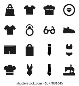 Flat vector icon set - cook hat vector, glasses, tie, snickers, shorts, swimsuite, t shirt, shopping bag, diamond ring, clothes, sewing machine