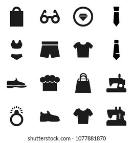 Flat vector icon set - cook hat vector, glasses, tie, snickers, shorts, swimsuite, t shirt, shopping bag, diamond ring, clothes, sewing machine