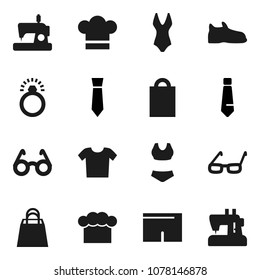 Flat vector icon set - cook hat vector, glasses, tie, snickers, shorts, swimsuite, shopping bag, diamond ring, clothes, sewing machine