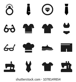 Flat vector icon set - cook hat vector, glasses, tie, snickers, shorts, swimsuite, t shirt, diamond ring, clothes, sewing machine