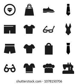 Flat vector icon set - cook hat vector, glasses, tie, snickers, shorts, swimsuite, t shirt, shopping bag, diamond ring, clothes, sewing machine