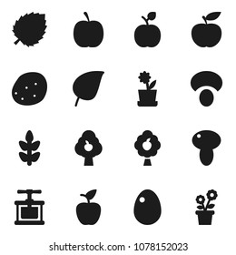 Flat vector icon set - cook press vector, egg, mushroom, potato, apple fruit, leaf, diet, cereals, tree, flower in pot
