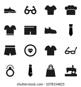 Flat vector icon set - cook hat vector, glasses, tie, snickers, shorts, t shirt, shopping bag, diamond ring, clothes, sewing machine