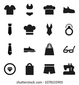 Flat vector icon set - cook hat vector, glasses, tie, snickers, shorts, swimsuite, shopping bag, diamond ring, clothes, sewing machine