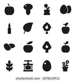 Flat vector icon set - cook press vector, egg, mushroom, potato, oil, apple fruit, leaf, diet, cereals, tree, flower in pot