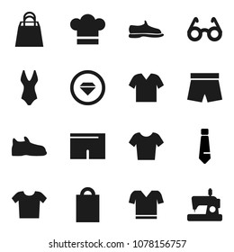 Flat vector icon set - cook hat vector, glasses, tie, snickers, shorts, swimsuite, t shirt, shopping bag, diamond ring, clothes, sewing machine