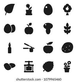 Flat vector icon set - cook press vector, egg, mushroom, potato, oil, apple fruit, leaf, diet, cereals, tree, flower in pot