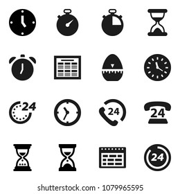 Flat vector icon set - cook timer vector, alarm clock, schedule, sand, stopwatch, phone 24, hour