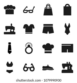 Flat vector icon set - cook hat vector, glasses, tie, snickers, shorts, swimsuite, t shirt, shopping bag, diamond ring, sewing machine