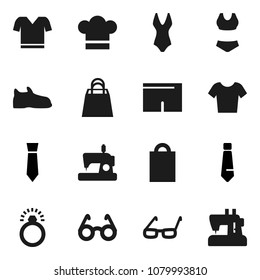 Flat vector icon set - cook hat vector, glasses, tie, snickers, shorts, swimsuite, t shirt, shopping bag, diamond ring, sewing machine