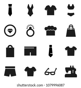 Flat vector icon set - cook hat vector, glasses, tie, shorts, swimsuite, t shirt, shopping bag, diamond ring, clothes, sewing machine
