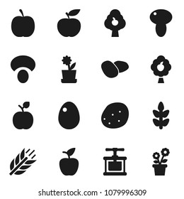 Flat vector icon set - cook press vector, egg, mushroom, potato, apple fruit, diet, cereals, tree, flower in pot