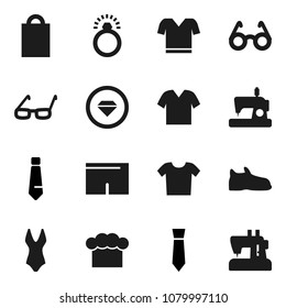 Flat vector icon set - cook hat vector, glasses, tie, snickers, shorts, swimsuite, t shirt, shopping bag, diamond ring, clothes, sewing machine