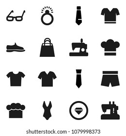 Flat vector icon set - cook hat vector, glasses, tie, snickers, shorts, swimsuite, t shirt, shopping bag, diamond ring, clothes, sewing machine