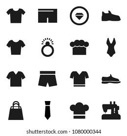 Flat vector icon set - cook hat vector, tie, snickers, shorts, swimsuit, t shirt, shopping bag, diamond ring, clothes, sewing machine