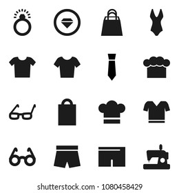 Flat vector icon set - cook hat vector, glasses, tie, shorts, swimsuit, t shirt, shopping bag, diamond ring, clothes, sewing machine