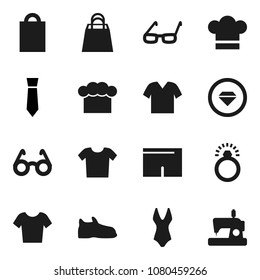 Flat vector icon set - cook hat vector, glasses, tie, snickers, shorts, swimsuit, t shirt, shopping bag, diamond ring, clothes, sewing machine