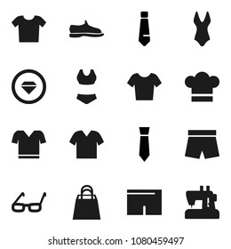 Flat vector icon set - cook hat vector, glasses, tie, snickers, shorts, swimsuite, t shirt, shopping bag, diamond ring, clothes, sewing machine