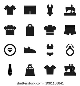 Flat vector icon set - cook hat vector, tie, snickers, shorts, swimsuite, t shirt, shopping bag, diamond ring, clothes, sewing machine