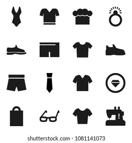 Flat vector icon set - cook hat vector, glasses, tie, snickers, shorts, swimsuite, t shirt, shopping bag, diamond ring, clothes, sewing machine