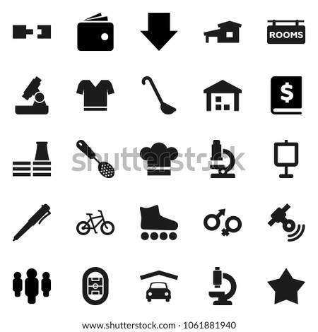 Flat vector icon set - cook hat vector, skimmer, ladle, pen, microscope, presentation, wallet, annual report, man, arrow down, bike, t shirt, roller Skates, stadium, warehouse, satellitie, cottage