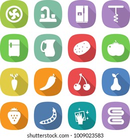 flat vector icon set - cooler fan vector, water tap, fridge, corkscrew, jug, potato, tomato, carrot, hot pepper, cherry, pear, strawberry, peas, wiping, towel