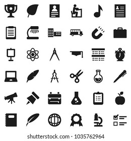 Flat vector icon set - copy book vector, graduate hat, pen, school building, drawing compass, student, case, backpack, apple fruit, atom, telescope, microscope, table lamp, notebook pc, alarm clock