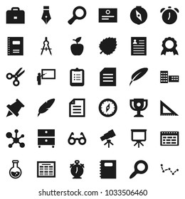 Flat vector icon set - copybook vector, pen, school building, blackboard, corner ruler, drawing compass, glasses, case, apple fruit, telescope, alarm clock, schedule, clipboard, paper pin, award cup
