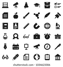 Flat vector icon set - copybook vector, graduate hat, pen, university, pencil, ruler, glasses, case, backpack, apple fruit, telescope, microscope, bell, alarm clock, clipboard, paper pin, compass