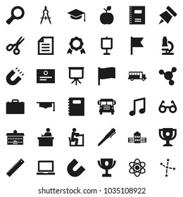 Flat vector icon set - copybook vector, graduate hat, university, school building, ruler, drawing compass, glasses, student, case, apple fruit, atom, pen, microscope, notebook pc, paper pin, medal