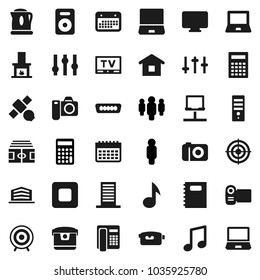 Flat vector icon set - copybook vector, calculator, notebook pc, music, man, stadium, target, calendar, satellite, settings, tv, video camera, speaker, stop button, hdmi, network, office building