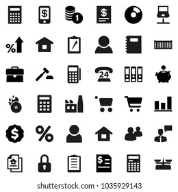 Flat vector icon set - copybook vector, calculator, graph, pie, cart, percent growth, piggy bank, case, coin stack, auction, annual report, binder, dollar medal, phone 24, sea container, clipboard