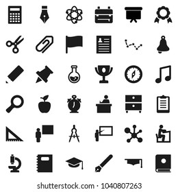 Flat vector icon set - copybook vector, graduate hat, pen, pencil, blackboard, corner ruler, drawing compass, student, backpack, apple fruit, atom, bell, calculator, alarm clock, paper pin, medal