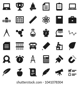 Flat vector icon set - copybook vector, pen, pencil, school building, ruler, drawing compass, student, case, apple fruit, atom, telescope, bell, table lamp, calculator, notebook pc, alarm clock, bus