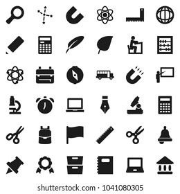 Flat vector icon set - copybook vector, pen, pencil, blackboard, corner ruler, student, backpack, atom, microscope, bell, calculator, notebook pc, alarm clock, paper pin, compass, medal, magnet